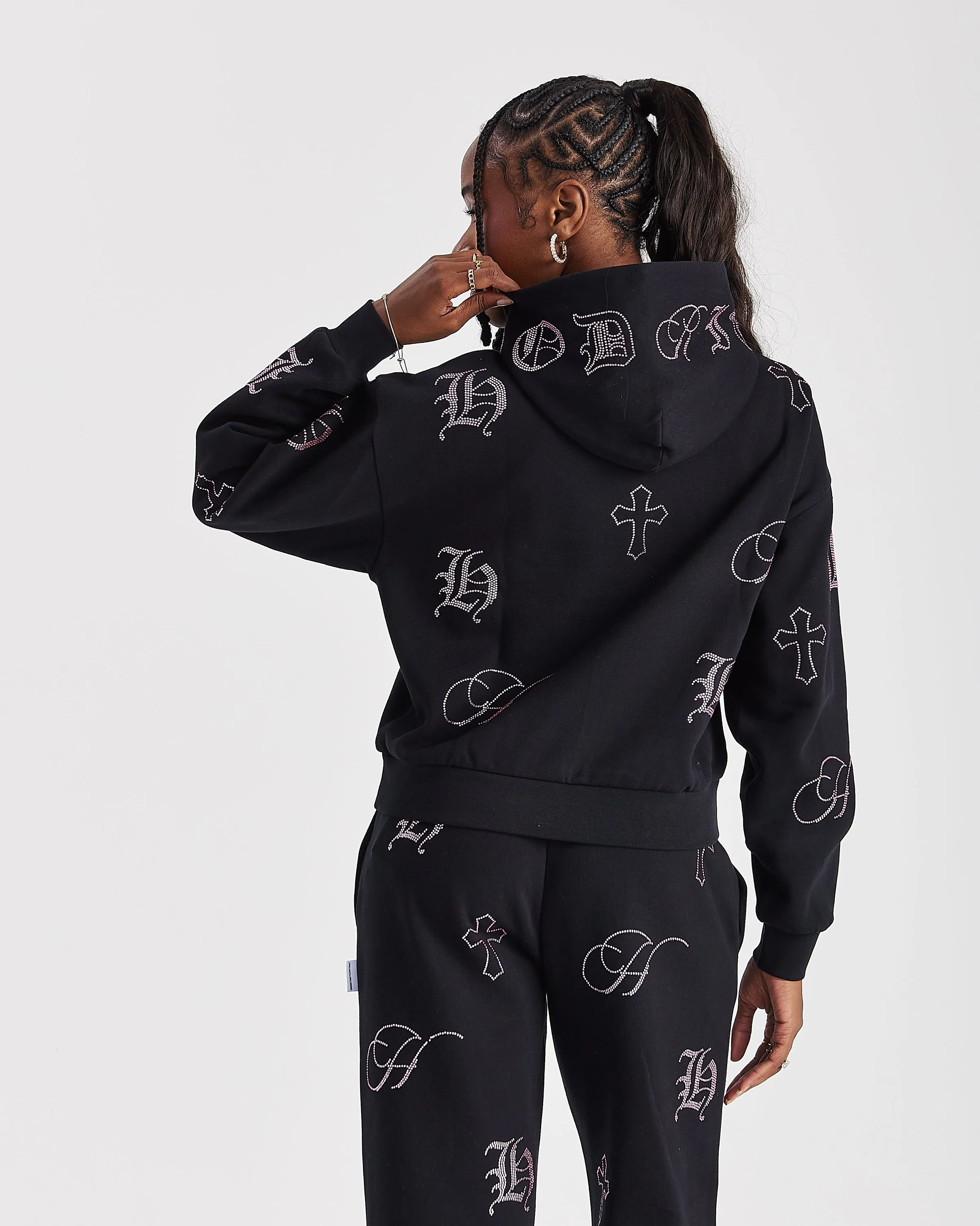 Crystal Mid Length Hoodie - Black/Pink Rhinestone sold by Hoodrich product image thumbnail 2
