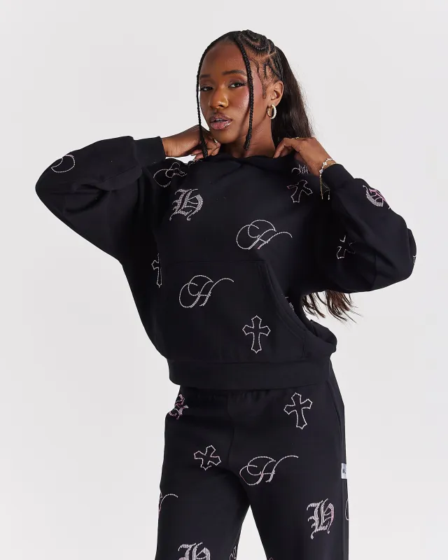 Crystal Mid Length Hoodie - Black/Pink Rhinestone sold by Hoodrich