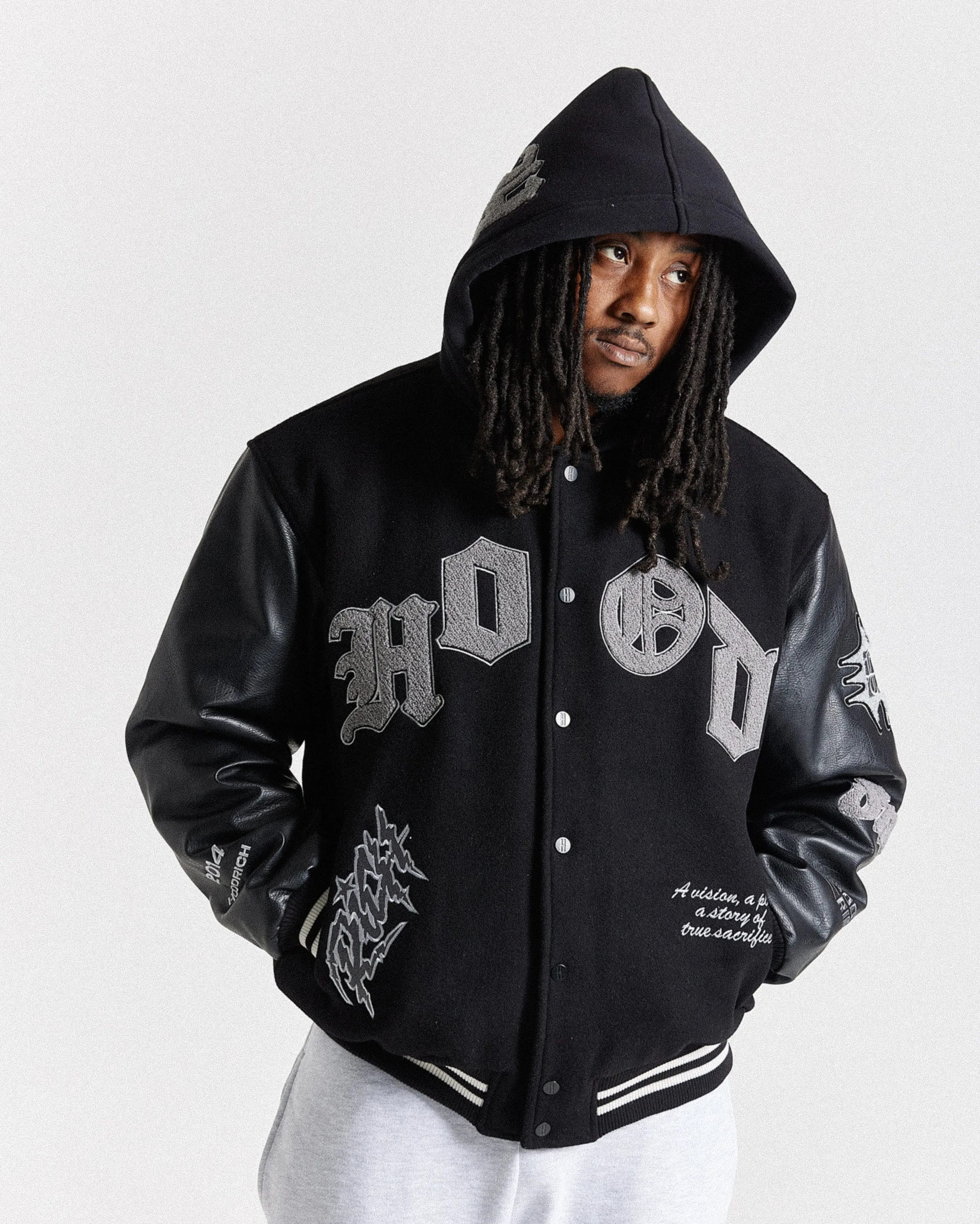 Vertigo Varsity Jacket - Black/Grey sold by Hoodrich