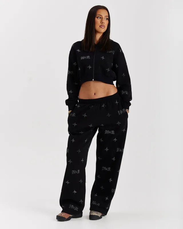 Razor Oversized Wide Leg Joggers - Black/Rhinestone sold by Hoodrich