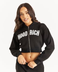 【DISCERNMENT】Lux Letter Juri Crop Hood Glide Cropped Full Zip Hoodie - Black/White/Rhinestone/Blue