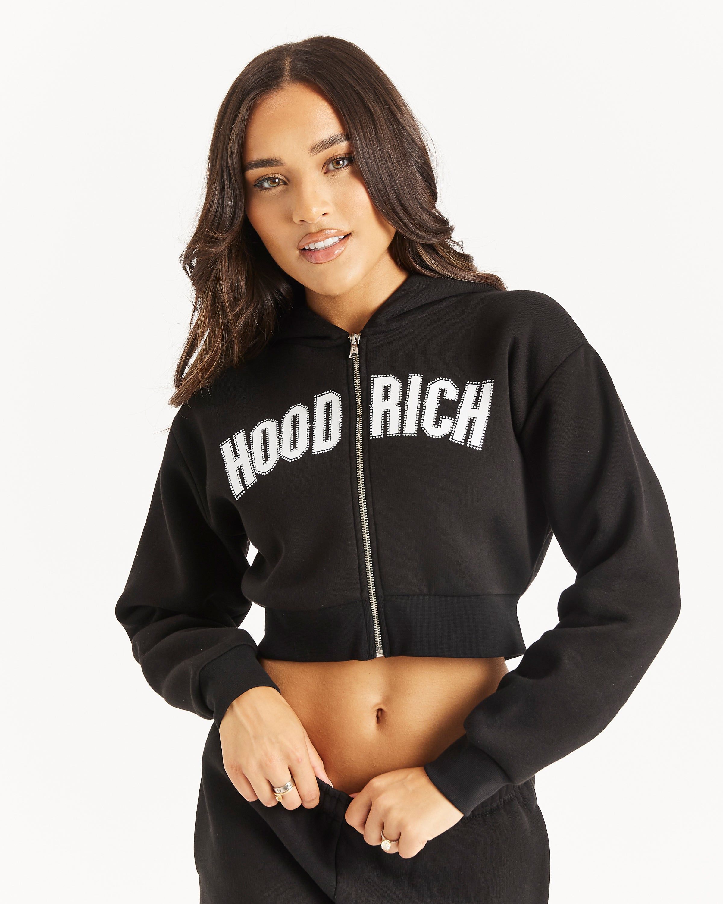 Glide Cropped Full Zip Hoodie - Black/White/Rhinestone/Blue sold by Hoodrich product image thumbnail 2