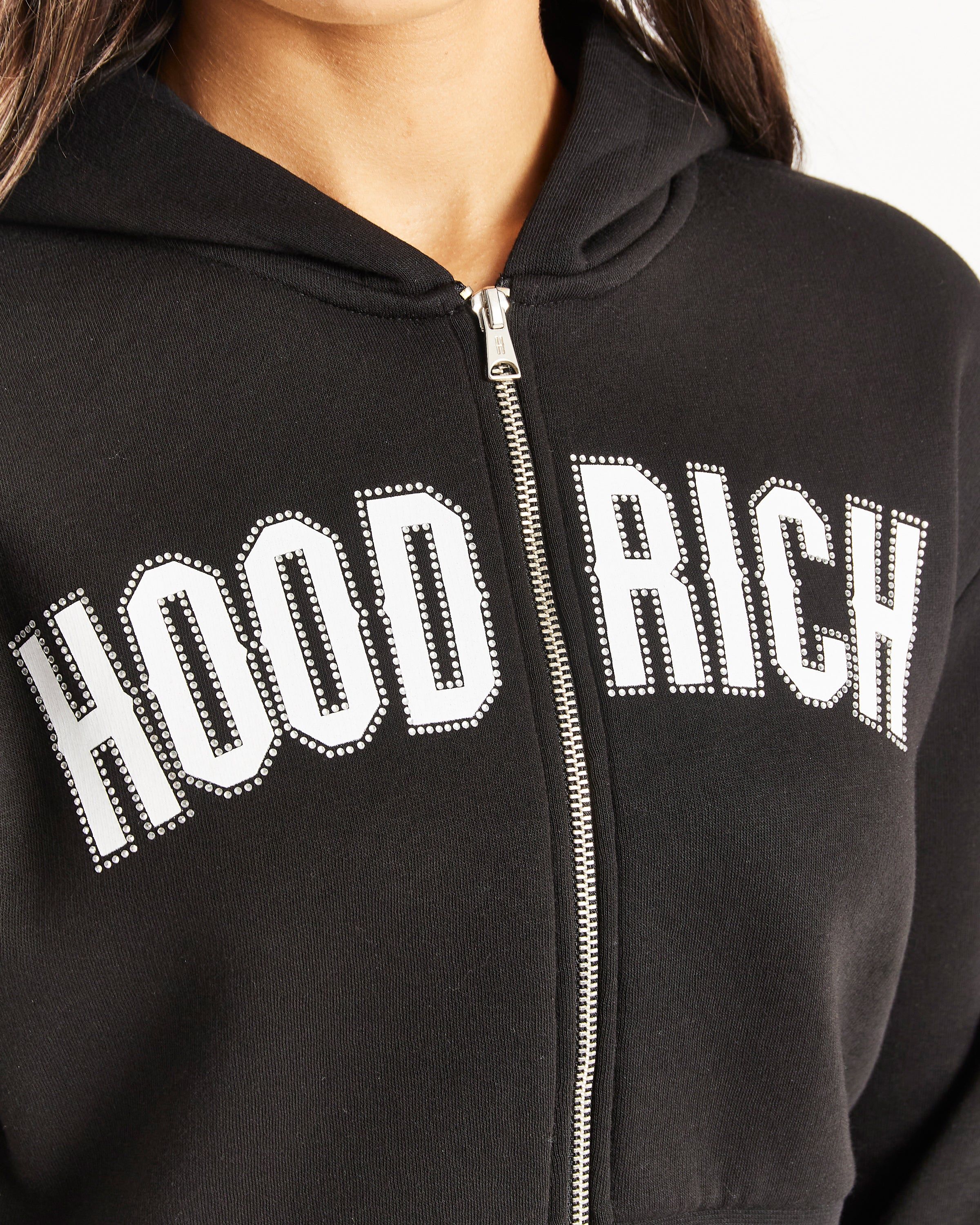 Glide Cropped Full Zip Hoodie - Black/White/Rhinestone/Blue