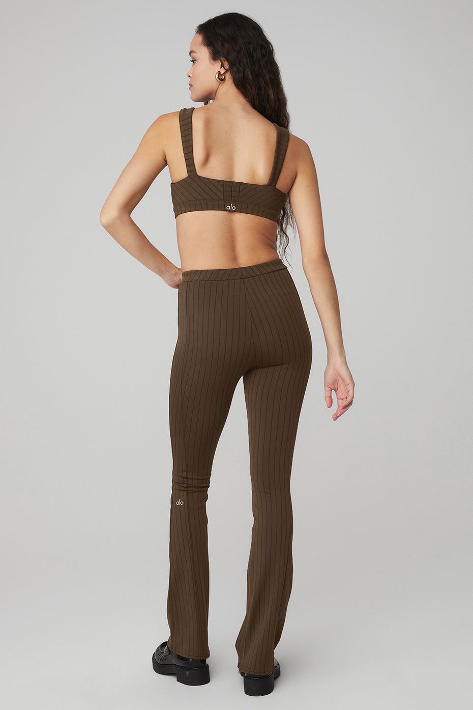 Pinstripe Jacquard Captivate Bra & High-Waist Pinstripe Zip It Flare Legging Set - Espresso/Black sold by Alo Yoga product image thumbnail 4