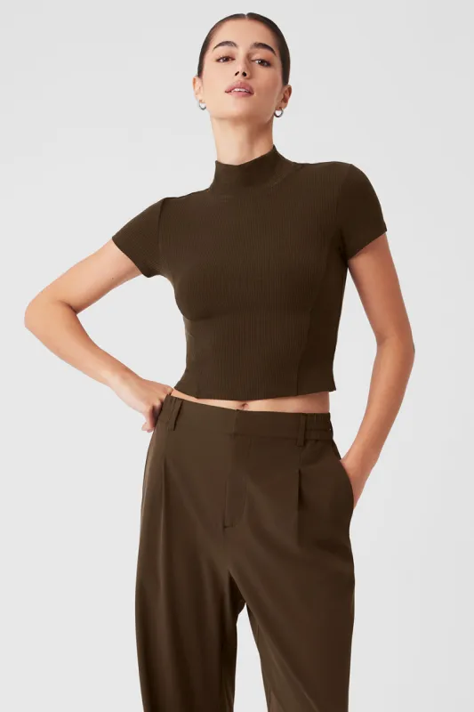 Wellness Rib Mock Neck Polished Short Sleeve - Espresso sold by Alo Yoga