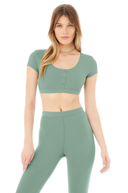 Blissful Henley Bra Top - Soft Seagrass sold by Alo Yoga