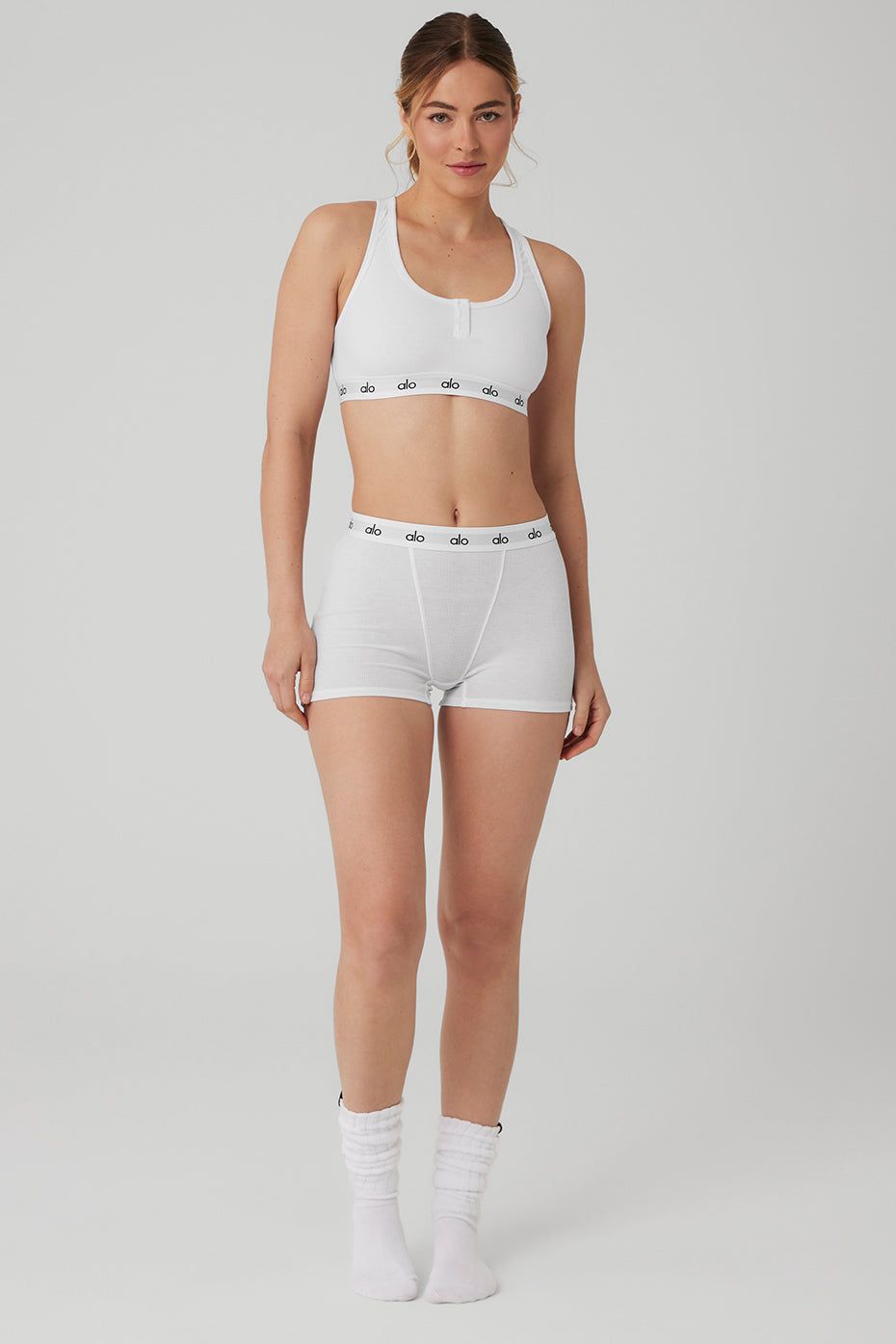 Icon Ribbed Henley Bra & Icon Ribbed Boyshort Set - White sold by Alo Yoga