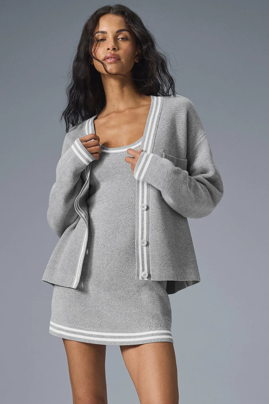 Tennis Club Sweater Knit Cardigan - Athletic Heather Grey/White sold by Alo Yoga