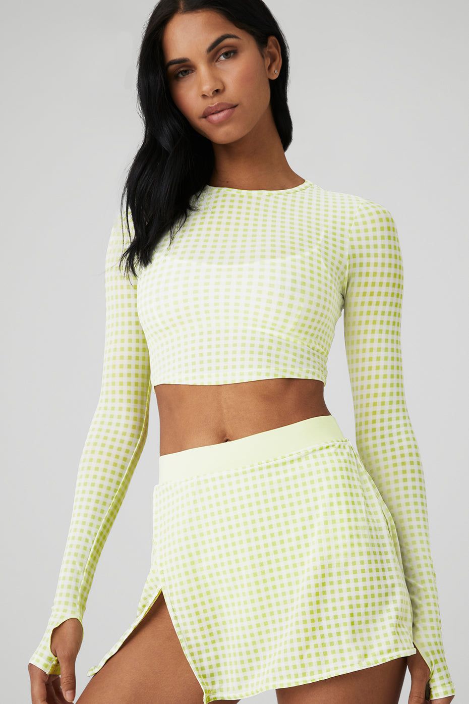 Mesh Gingham Cropped Long Sleeve & Mesh Gingham Skirt Set - Iced Green Tea sold by Alo Yoga product image thumbnail 4