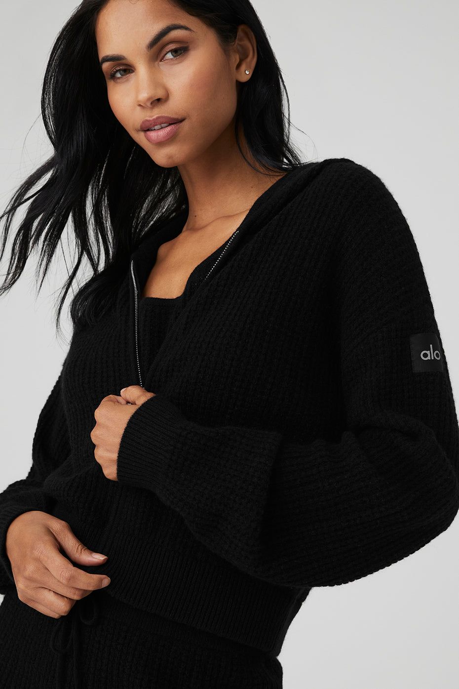 Cashmere Plush Waffle Cropped Tank, Full Zip Hoodie & High-Waist Short Set - Black sold by Alo Yoga product image thumbnail 4