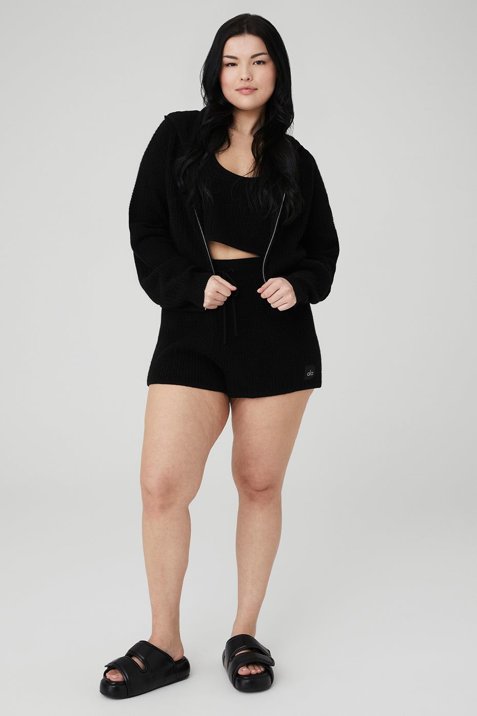 Cashmere Plush Waffle Cropped Tank, Full Zip Hoodie & High-Waist Short Set - Black sold by Alo Yoga product image thumbnail 5