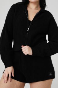 Cashmere Plush Waffle Cropped Tank, Full Zip Hoodie & High-Waist Short Set - Black sold by Alo Yoga