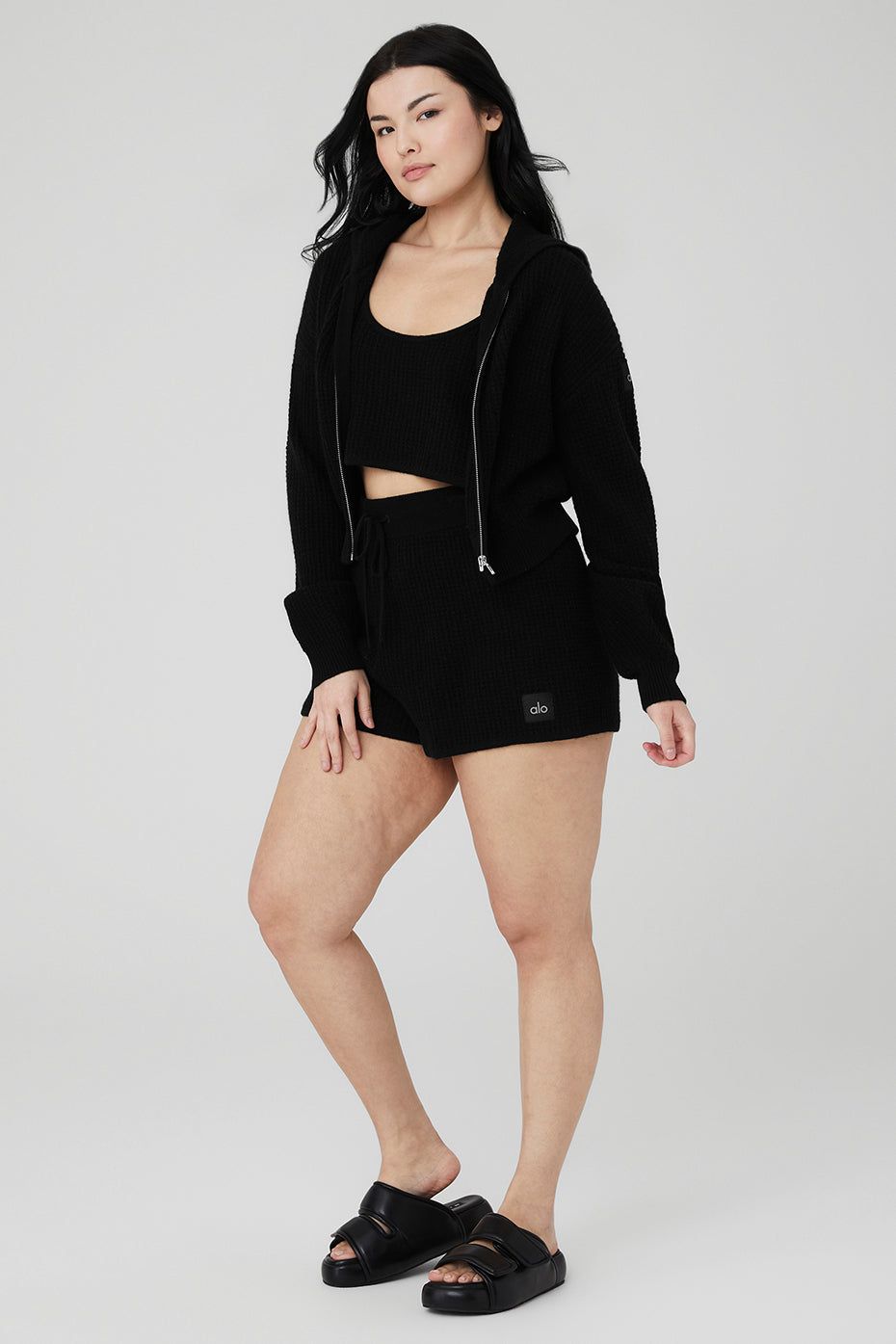 Cashmere Plush Waffle Cropped Tank, Full Zip Hoodie & High-Waist Short Set - Black sold by Alo Yoga product image thumbnail 7