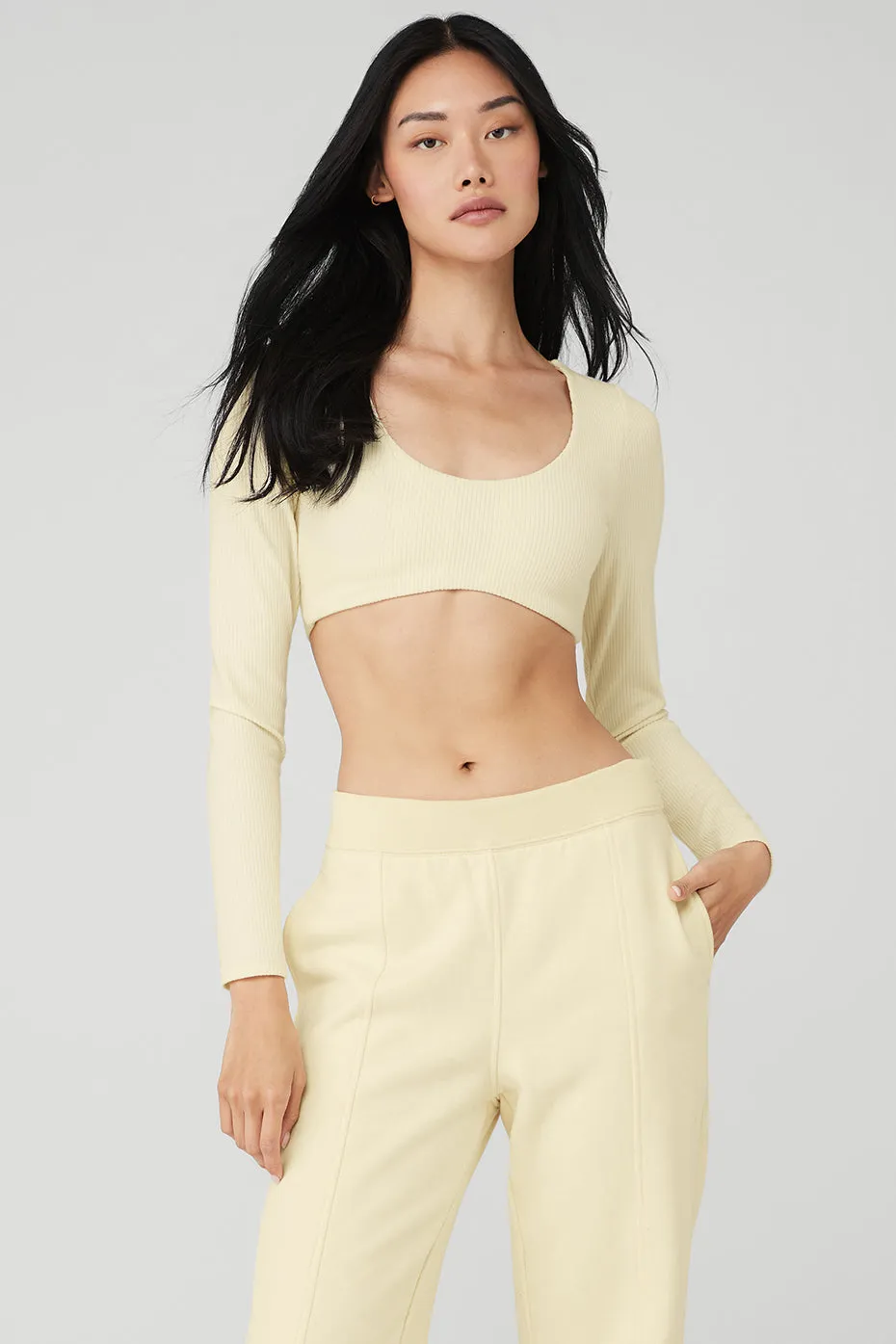 Ribbed Defined Long Sleeve Bra - French Vanilla sold by Alo Yoga