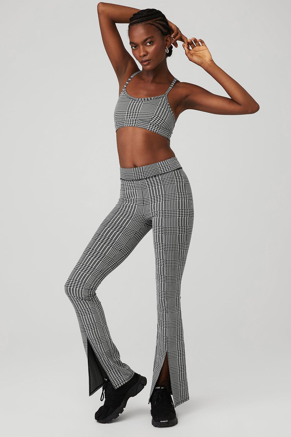 Jacquard Glenplaid Gratitude Bra & Jacquard High-Waist Glenplaid Flutter Legging Set sold by Alo Yoga