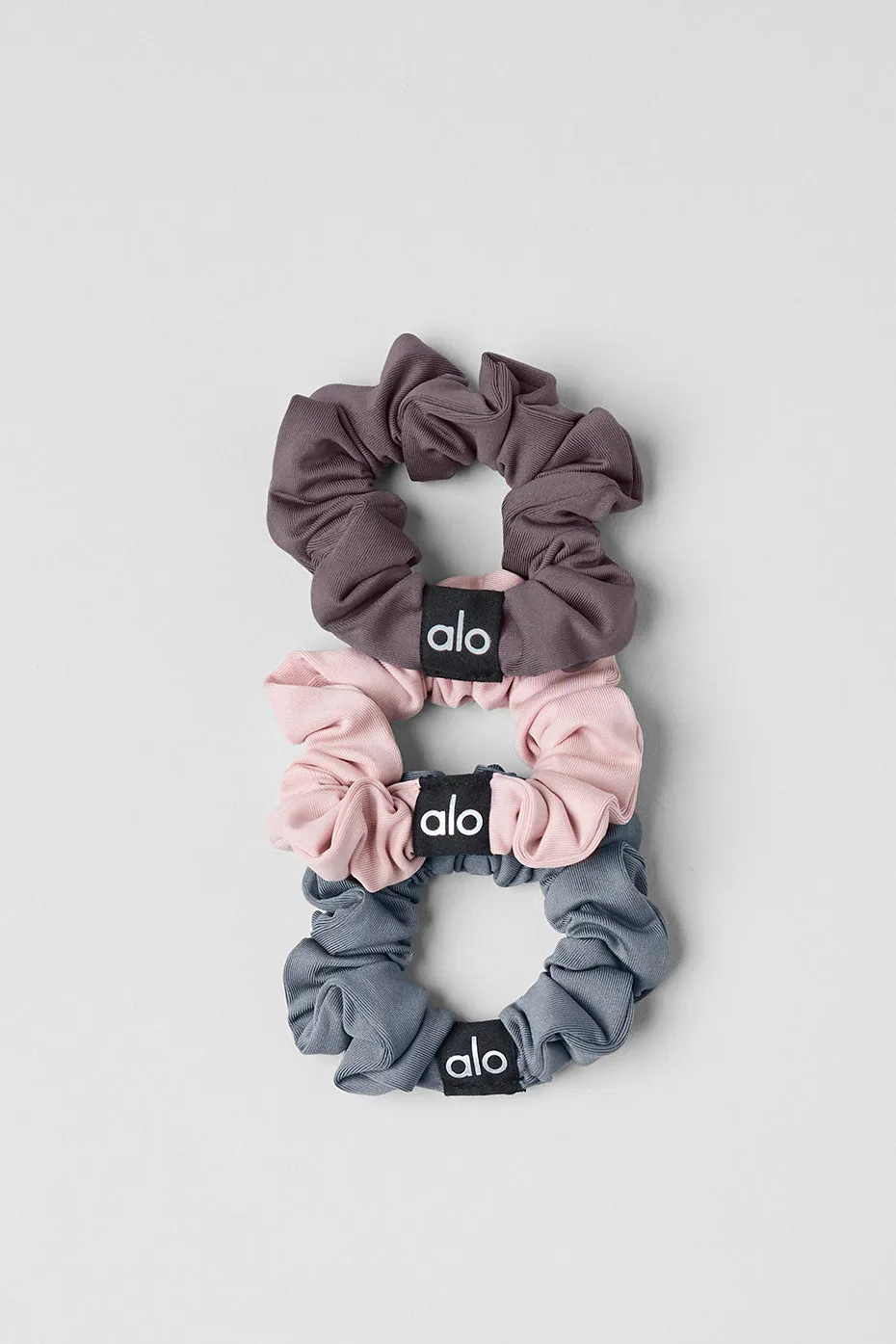 Fresh Mini Scrunchie 3-Pack - Ballet Pink/Raisinette/Steel Grey sold by Alo Yoga