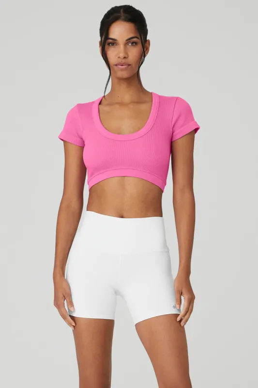 Seamless Ribbed Cropped Serene Short Sleeve - Paradise Pink sold by Alo Yoga