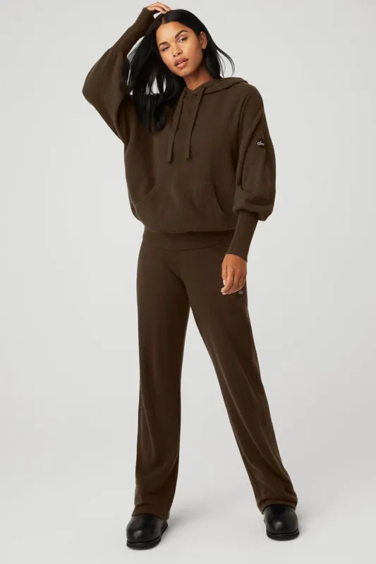 Cashmere Jet Set Hoodie & Cashmere High-Waist Jet Set Wide Leg Pant Set - Espresso sold by Alo Yoga