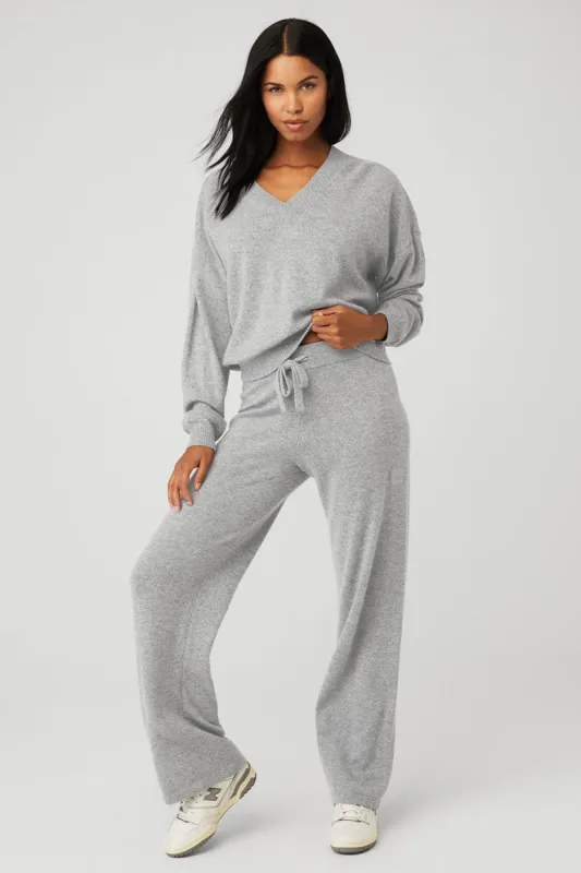Cashmere Jet Set V-Neck Pullover & Cashmere High-Waist Jet Set Wide Leg Pant Set - Dove Grey Heather sold by Alo Yoga