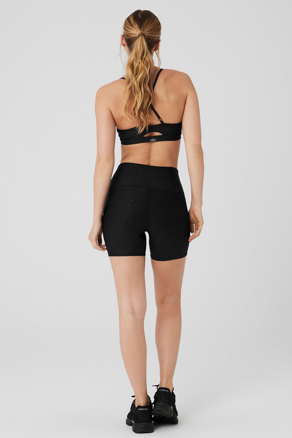 Airlift Leopard Debossed Intrigue Bra & 5" Airlift High-Waist Leopard Debossed Biker Short Set - Black sold by Alo Yoga product image thumbnail 2