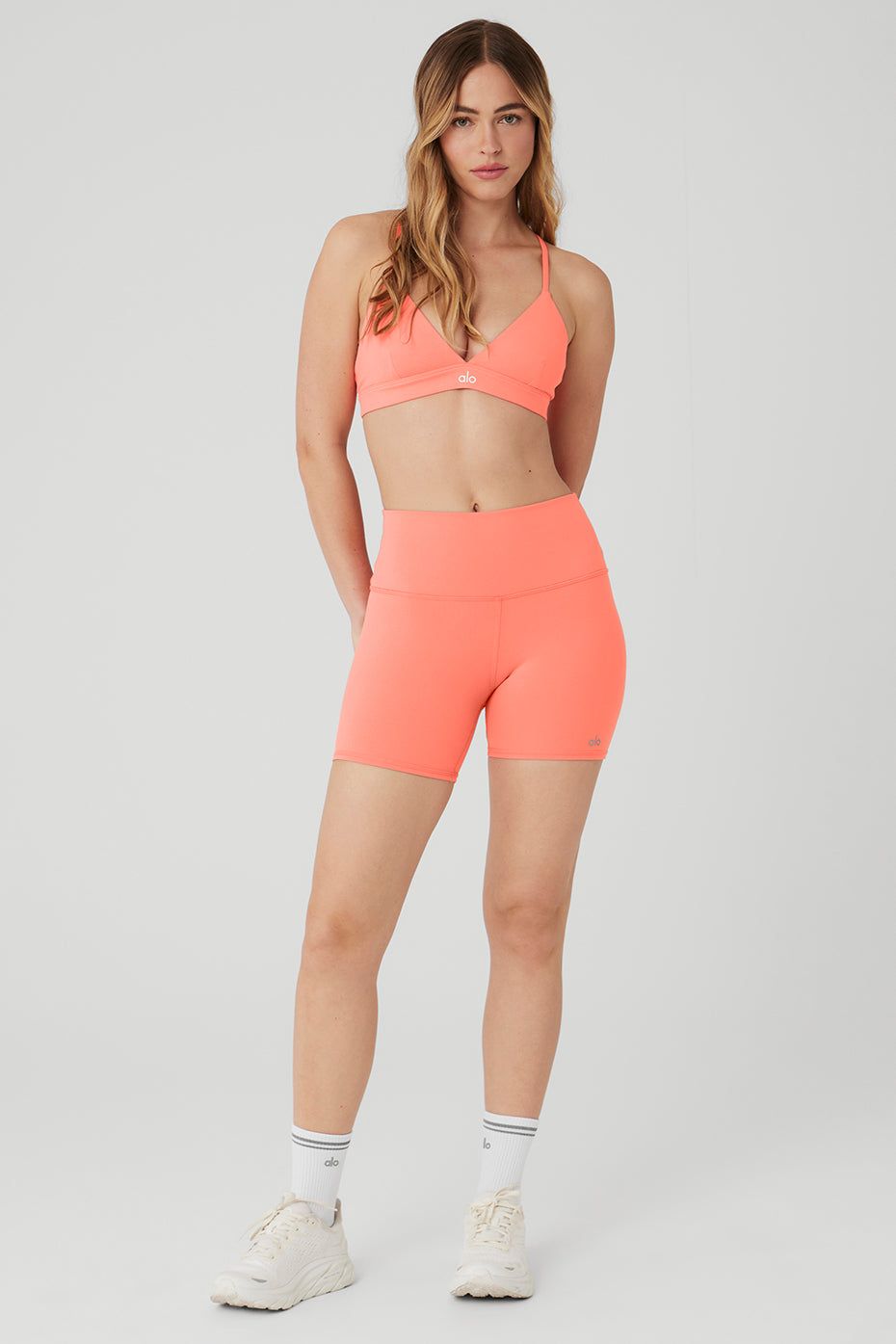 Splendor Bra & 5” Airbrush High-Waist Biker Short Set - Candy Orange sold by Alo Yoga