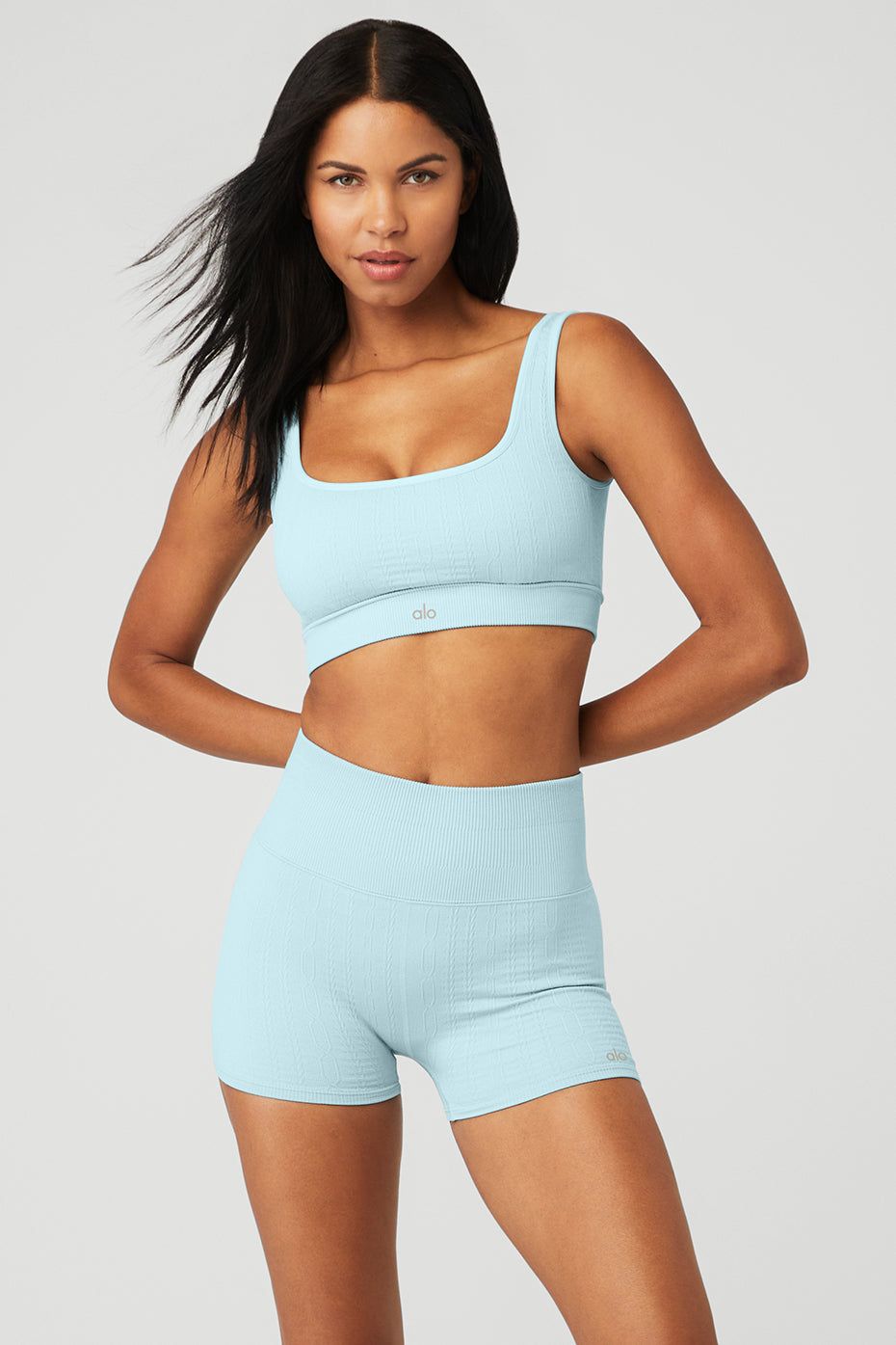Seamless Cable Knit Bra - Chalk Blue sold by Alo Yoga