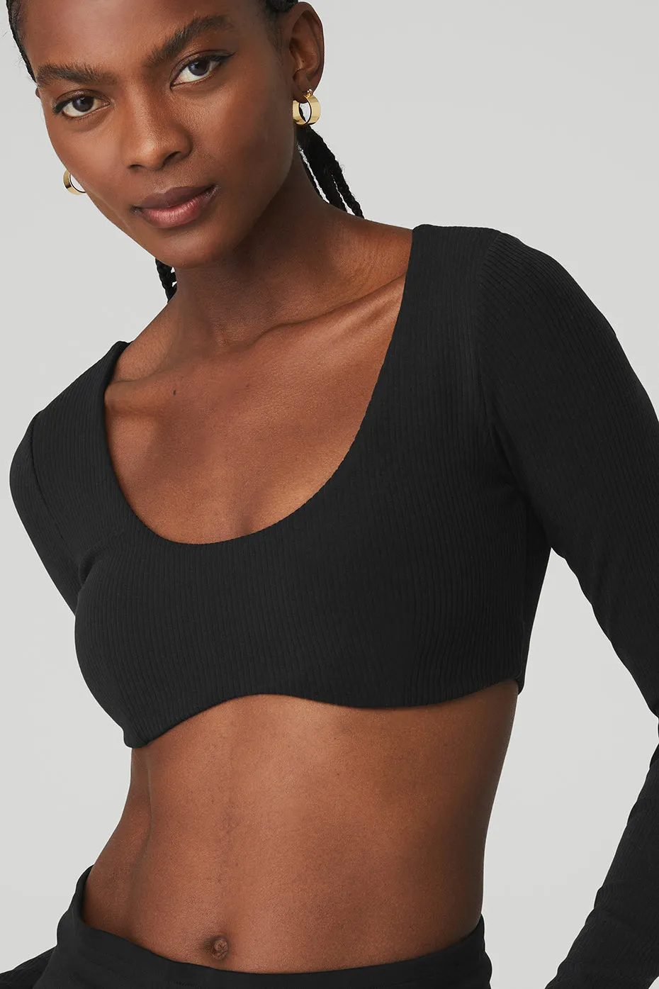 Ribbed Defined Long Sleeve Bra - Black sold by Alo Yoga product image thumbnail 4