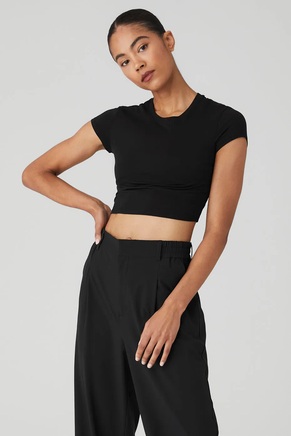 Alosoft Crop Finesse Short Sleeve - Black sold by Alo Yoga