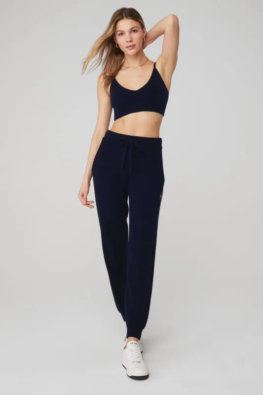 Cashmere Jet Set Bra & Cashmere Jet Set Pant Set - Navy sold by Alo Yoga