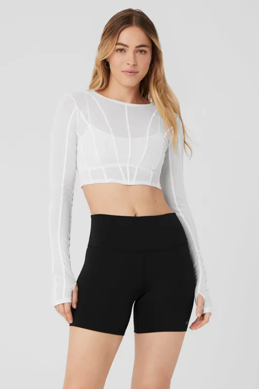 Mesh Cropped Fine Line Long Sleeve - White sold by Alo Yoga