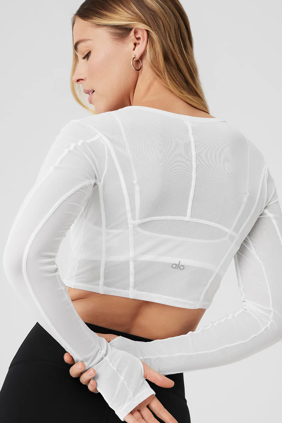 Mesh Cropped Fine Line Long Sleeve - White sold by Alo Yoga product image thumbnail 4