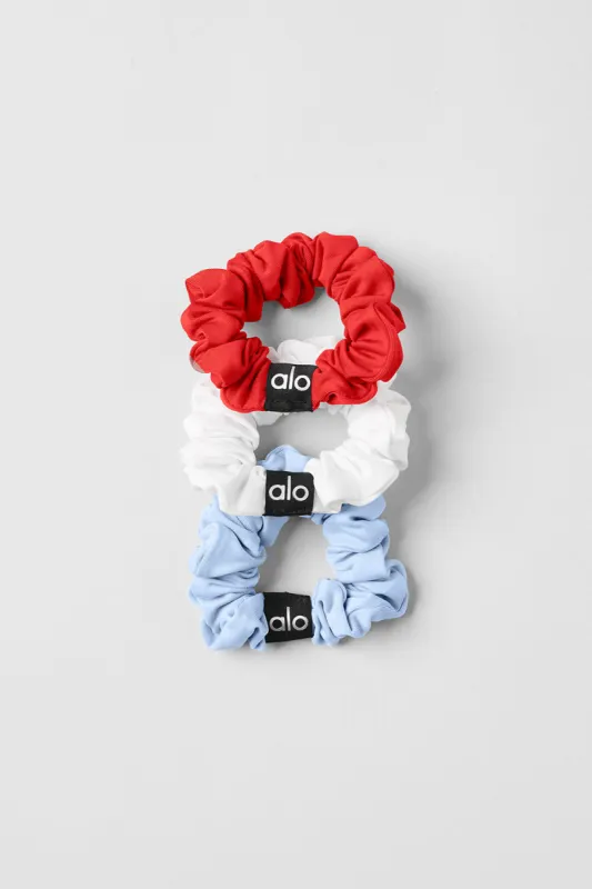 Fresh Mini Scrunchie 3-Pack - Red Hot Summer/White/Seashell Blue sold by Alo Yoga
