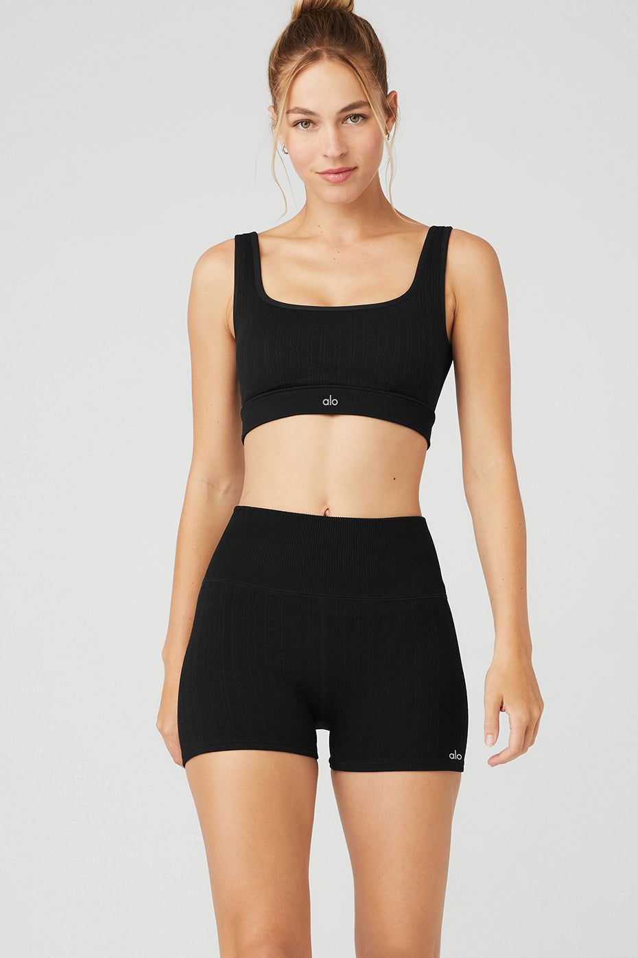 Seamless Cable Knit Bra - Black sold by Alo Yoga