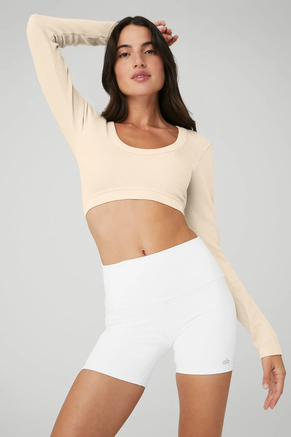 Seamless Ribbed Cropped Serene Long Sleeve - Macadamia sold by Alo Yoga