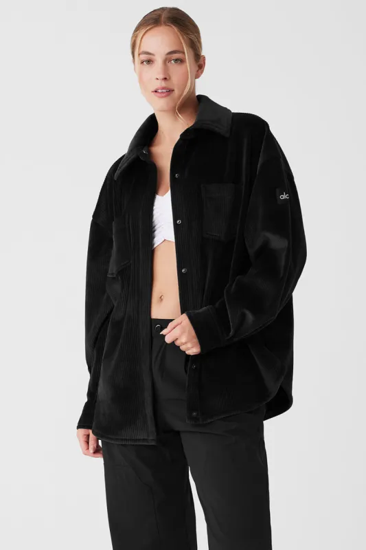 Ribbed Velour Mountain Side Shacket - Black sold by Alo Yoga