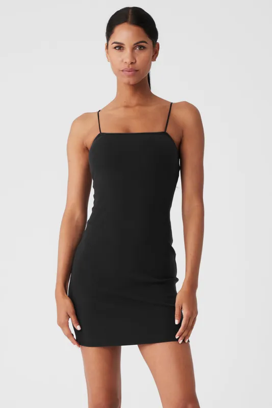 Goddess Ribbed Spaghetti Strap Dress - Black sold by Alo Yoga
