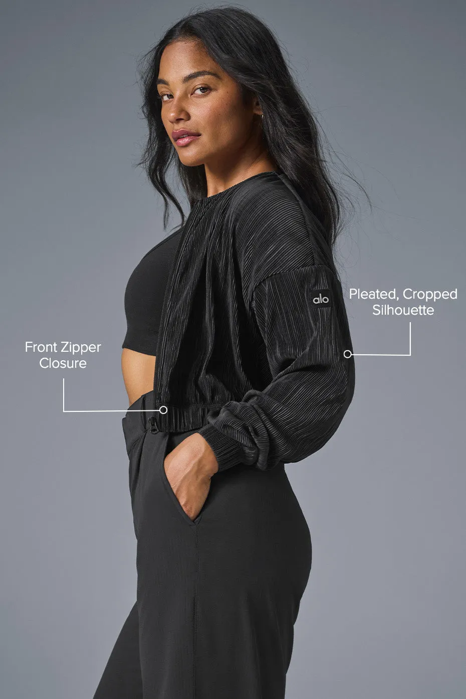 Cropped Micro Plisse Jacket - Black sold by Alo Yoga product image thumbnail 2