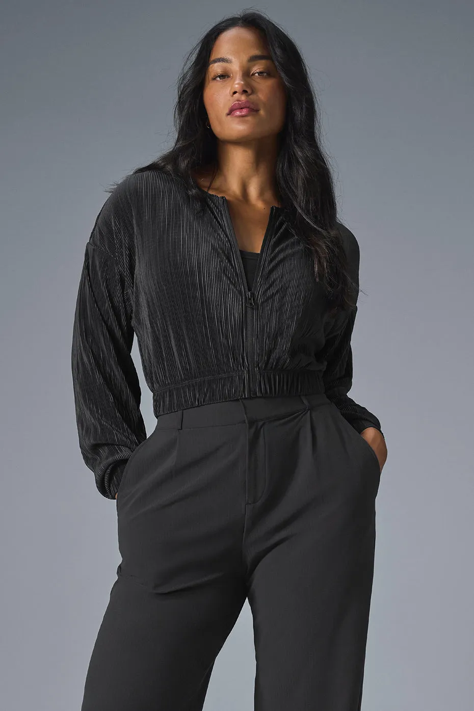 Cropped Micro Plisse Jacket - Black sold by Alo Yoga