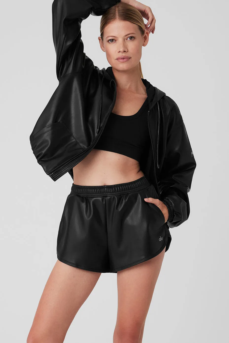 Faux Leather Power Hour Full Zip Cropped Jacket - Black | Parallel Faux Leather Power Hour Full Zip Cropped Jacket - Black | Parallel