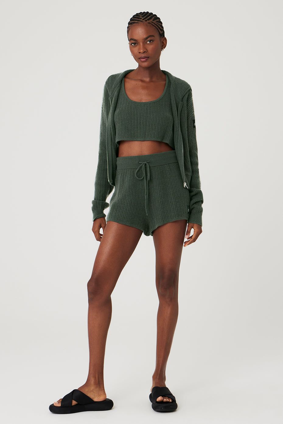 Cashmere Plush Waffle Cropped Tank, Full Zip Hoodie & High-Waist Short Set - Dark Cactus sold by Alo Yoga