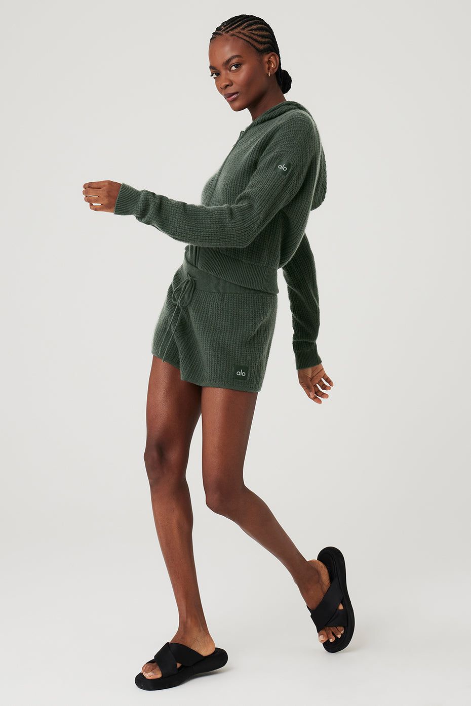 Cashmere Plush Waffle Cropped Tank, Full Zip Hoodie & High-Waist Short Set - Dark Cactus sold by Alo Yoga product image thumbnail 3