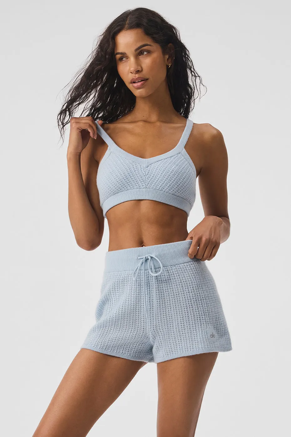 Cashmere Plush Waffle V-Neck Bra - Crystal Blue sold by Alo Yoga