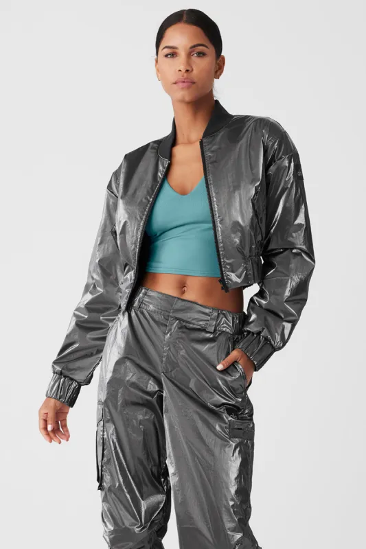 Metallic Cropped Break Line Bomber Jacket - Silver Metallic sold by Alo Yoga