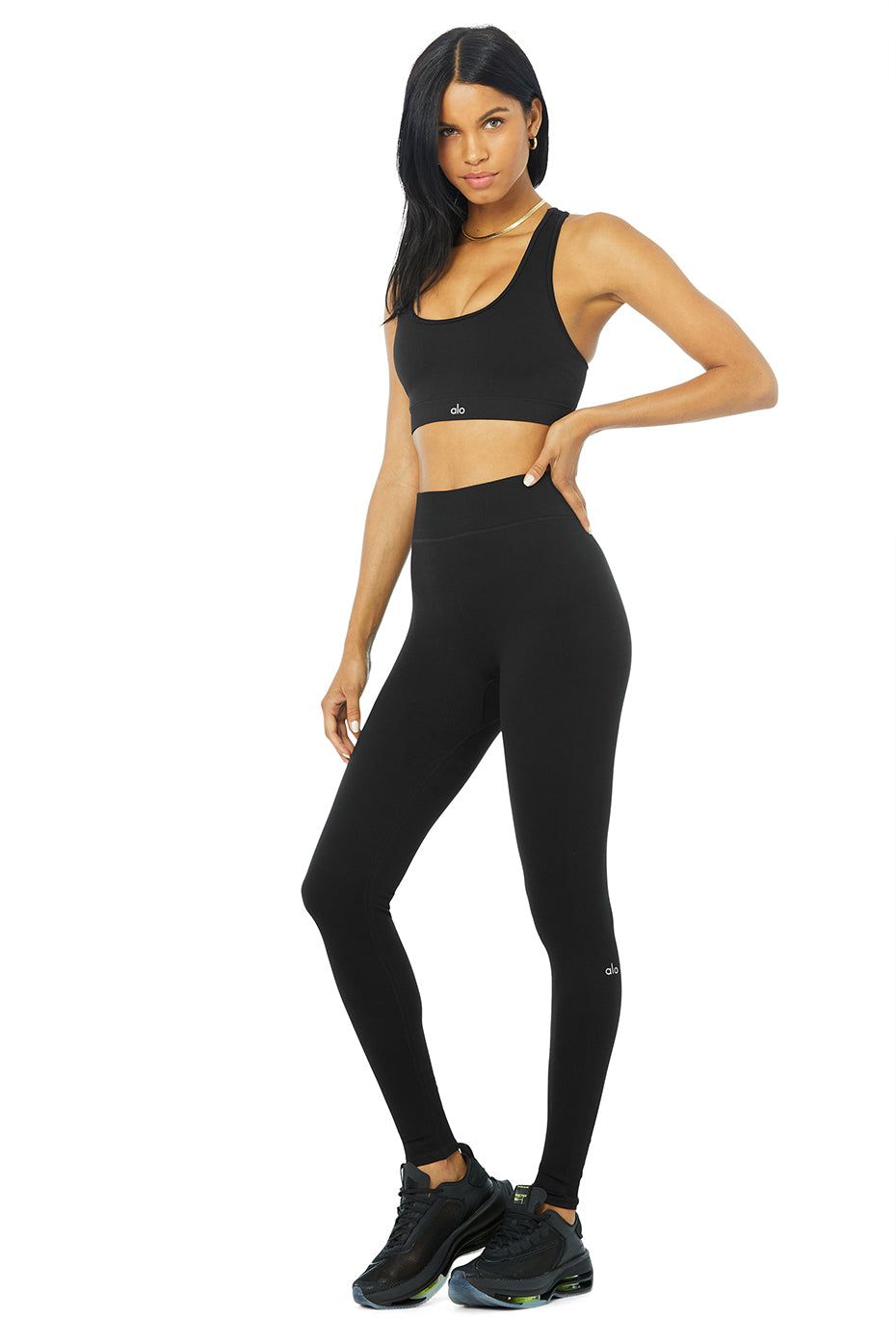 Seamless Ribbed Bra & Seamless High-Waist Ribbed Legging Set - Black sold by Alo Yoga product image thumbnail 3