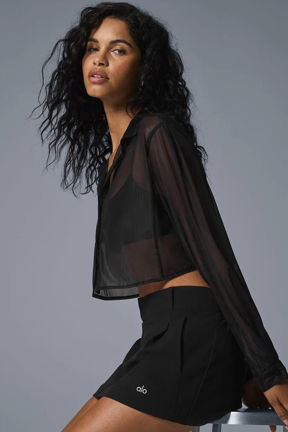 Sheer Cropped Take Me Out Button Up - Black sold by Alo Yoga product image thumbnail 5
