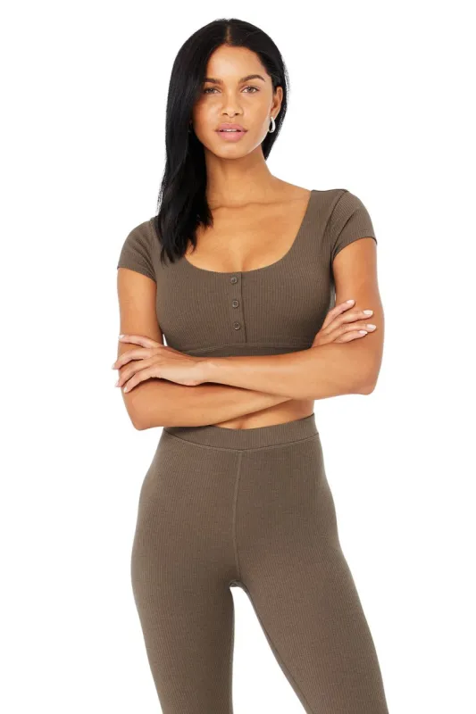 Blissful Henley Bra Top - Hot Cocoa sold by Alo Yoga