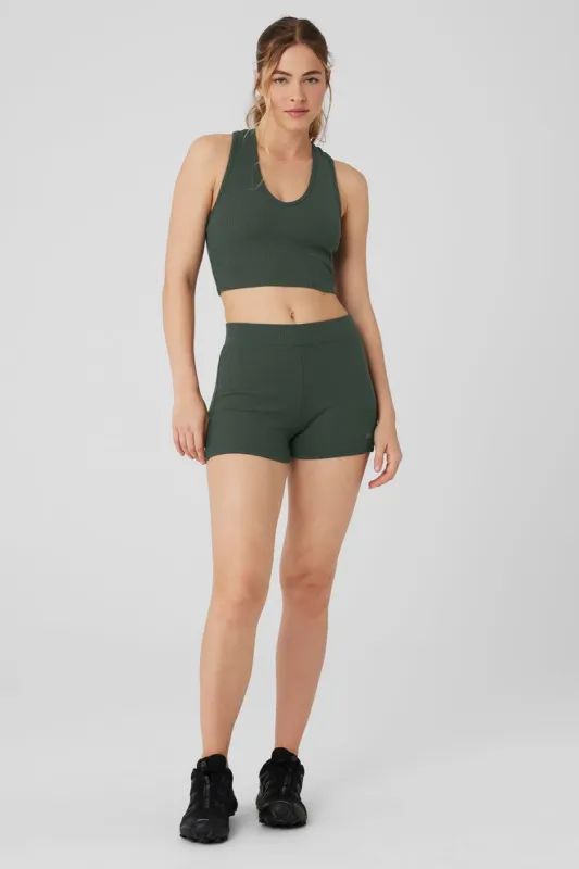 Goddess Ribbed Cropped Racerback Tank & Goddess Ribbed High-Waist Hot Short Set - Dark Cactus sold by Alo Yoga
