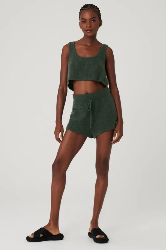 Cashmere Plush Waffle Cropped Tank & Cashmere High-Waist Plush Waffle Short Set - Dark Cactus sold by Alo Yoga