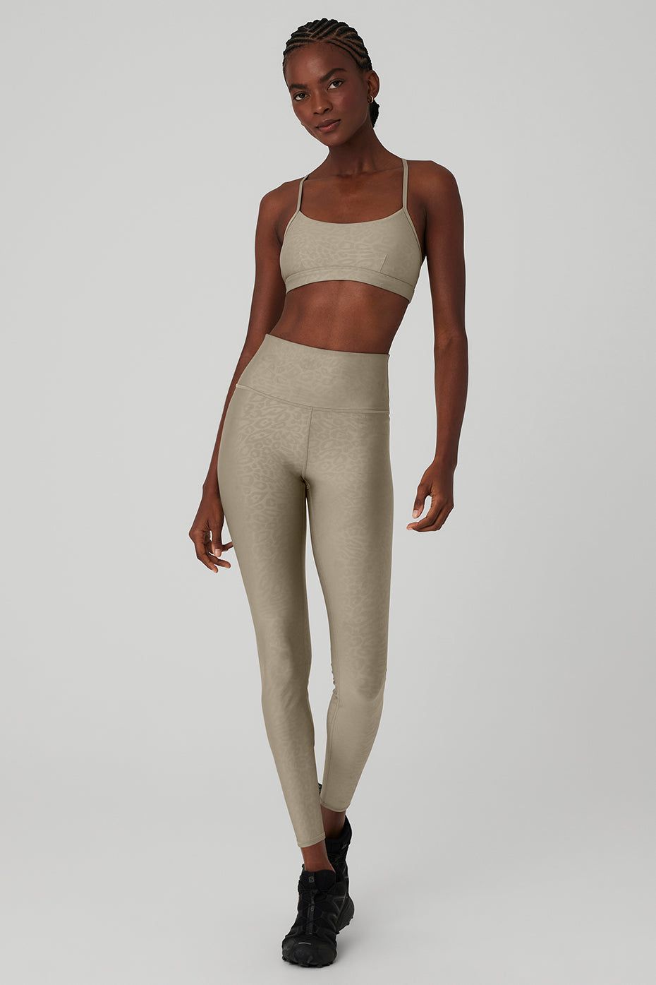 Airlift Leopard Debossed Intrigue Bra & Airlift High-Waist Leopard Debossed Legging Set - Gravel sold by Alo Yoga