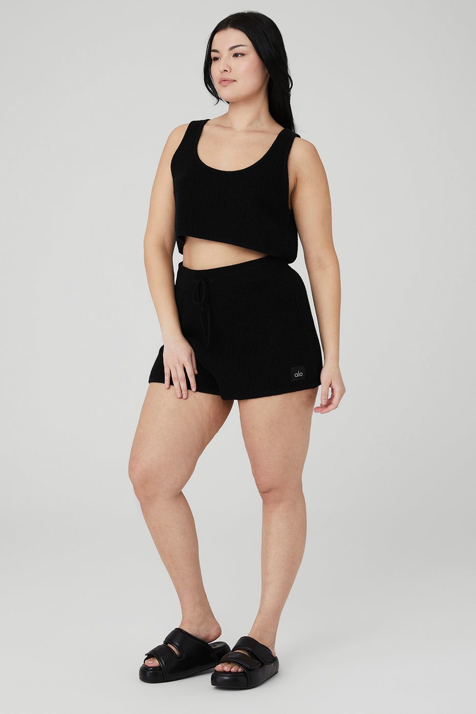 Cashmere Plush Waffle Cropped Tank & Cashmere High-Waist Plush Waffle Short Set - Black sold by Alo Yoga product image thumbnail 7